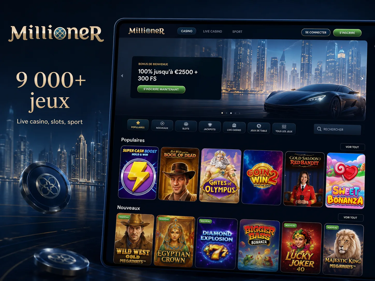 Catalogue de jeux Millioner Casino avec slots, live casino et catégories